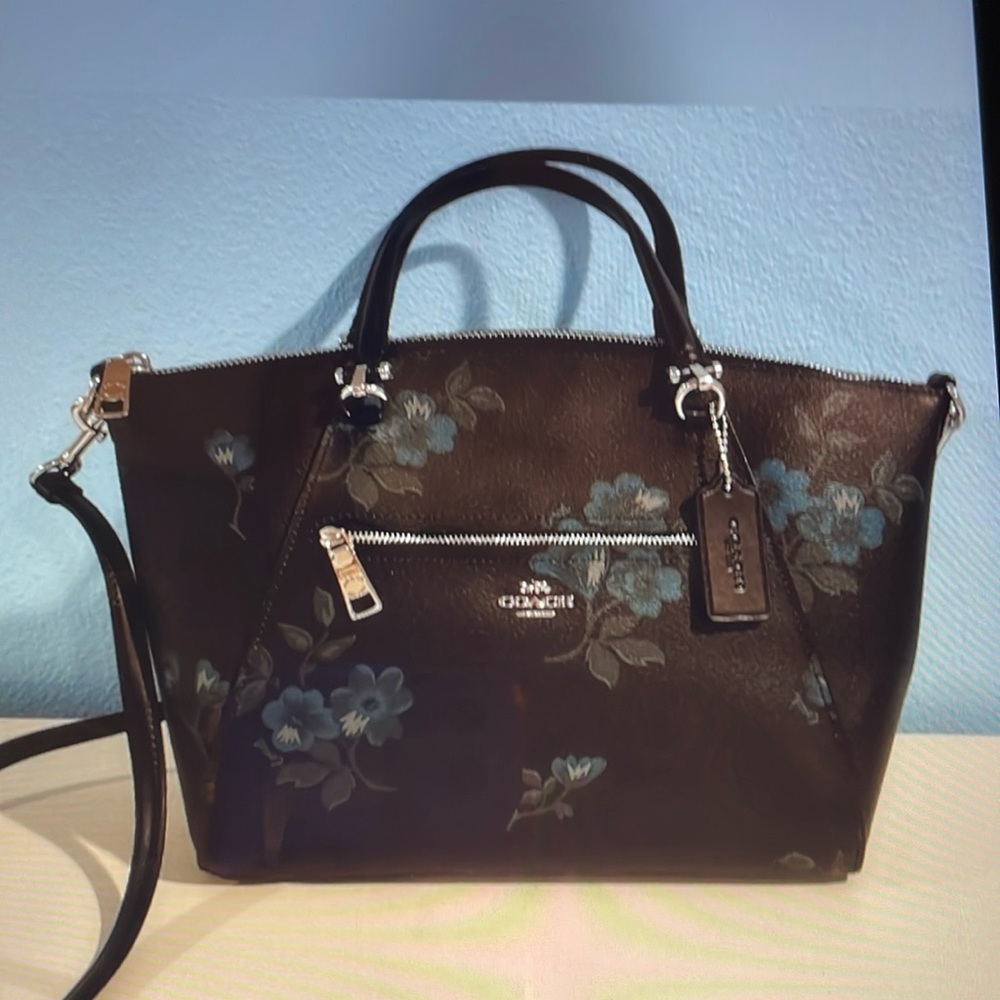 Coach purse black with blue flowers